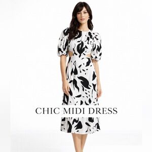INC Black White Midi Dress Puff Sleeve Cutout Elegant Chic Summer Event Dress S